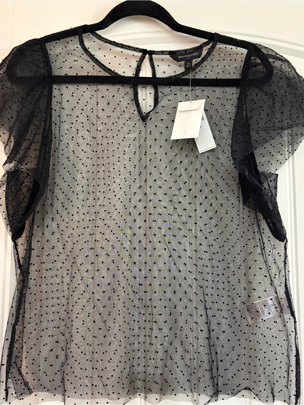 Banana Republic Black Sheer Polka Dot Flutter-Sleeve Blouse